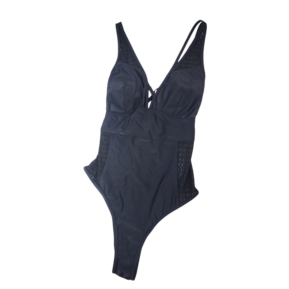 Cupshe Womens Black Mesh Insert V-Neck One Piece Swimsuit CAA12E4B094AA Size L